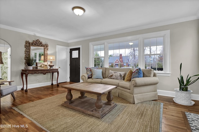 living room with baseboards, wood finished floors, and crown molding