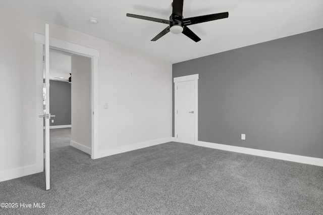 unfurnished bedroom featuring ceiling fan and carpet floors