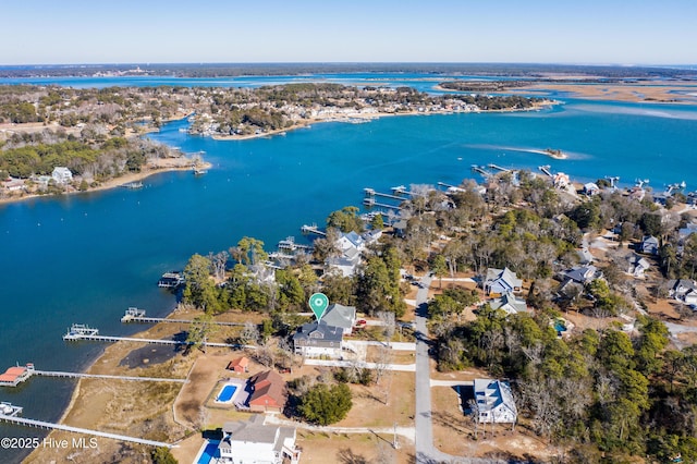 drone / aerial view featuring a water view