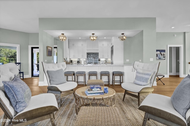 living room featuring light hardwood / wood-style flooring and sink