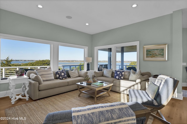 living room with wood-type flooring and a water view