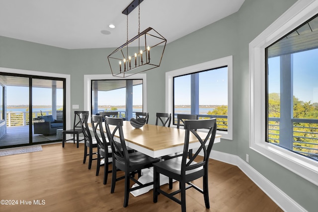 dining space featuring plenty of natural light, hardwood / wood-style floors, a water view, and an inviting chandelier