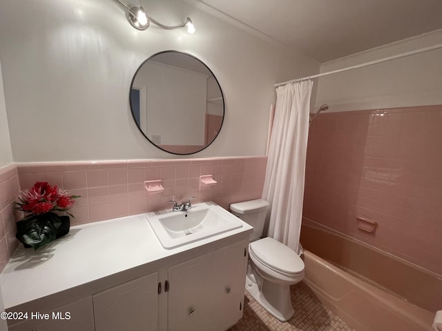 full bathroom featuring shower / tub combo, tile patterned floors, vanity, crown molding, and toilet