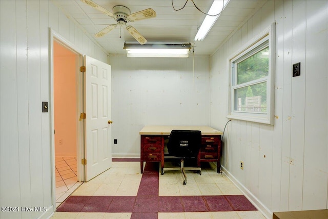 home office with wooden walls and ceiling fan