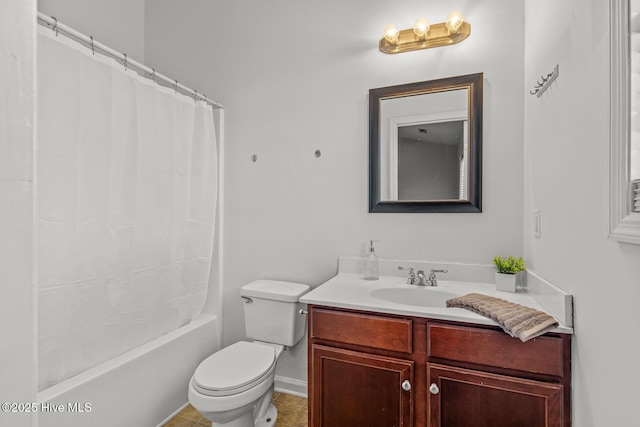 full bathroom with toilet, shower / tub combo, tile patterned flooring, and vanity