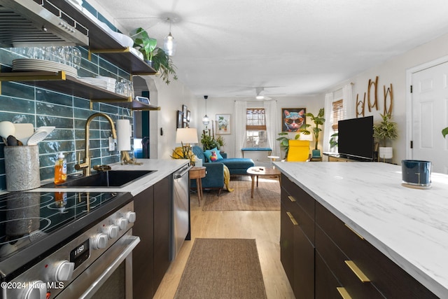 kitchen with a ceiling fan, stainless steel appliances, dark brown cabinets, light wood-style floors, and a sink