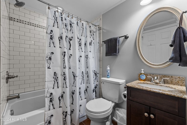 full bathroom featuring toilet, vanity, shower / bath combination with curtain, and ornamental molding