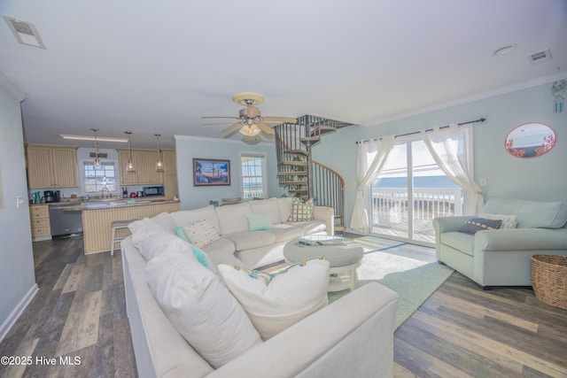 living room featuring ceiling fan, sink, dark hardwood / wood-style floors, and ornamental molding