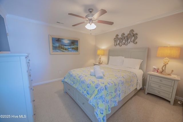 bedroom with crown molding, ceiling fan, and light carpet