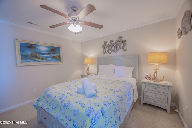 bedroom featuring ceiling fan, light colored carpet, and ornamental molding