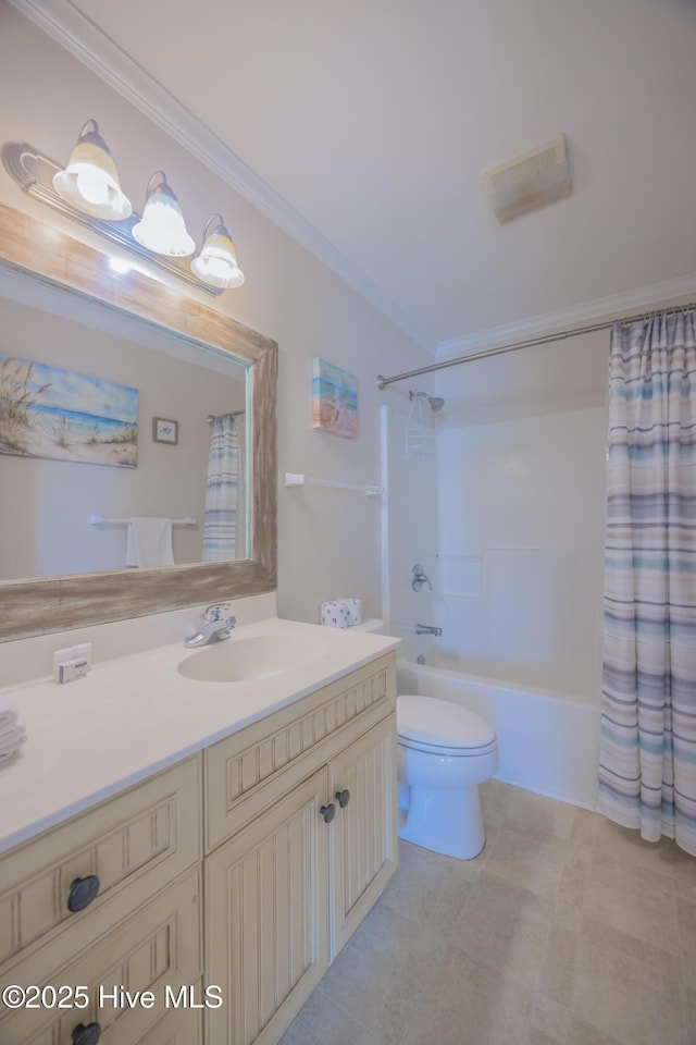 full bathroom with crown molding, shower / tub combo with curtain, vanity, and toilet