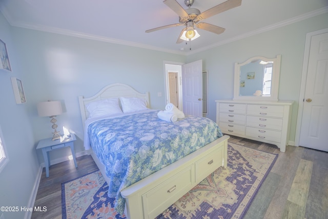 bedroom with hardwood / wood-style flooring, ceiling fan, and ornamental molding