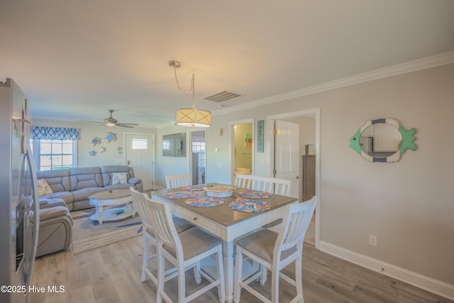 dining area featuring ceiling fan, light wood-type flooring, and ornamental molding