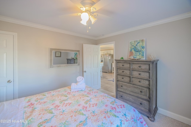 bedroom with stainless steel fridge with ice dispenser, ceiling fan, crown molding, and light carpet