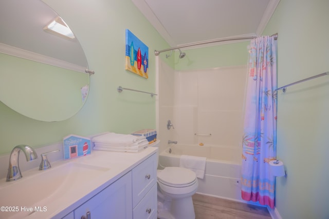 full bathroom featuring vanity, toilet, shower / bathtub combination with curtain, and crown molding