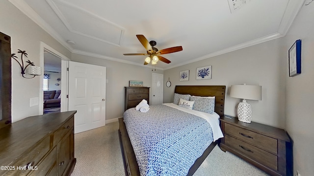 bedroom with ceiling fan and crown molding