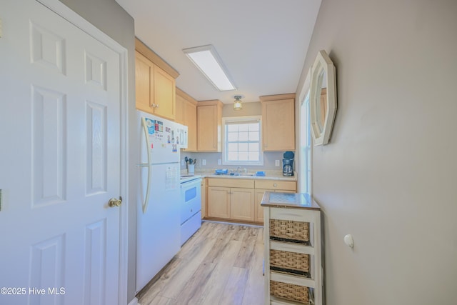 kitchen with sink, light brown cabinets, white appliances, and light wood-type flooring