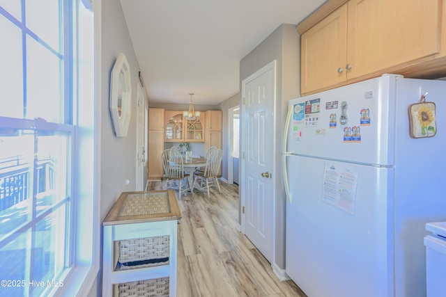 kitchen with light hardwood / wood-style flooring, white fridge, a chandelier, pendant lighting, and light brown cabinetry