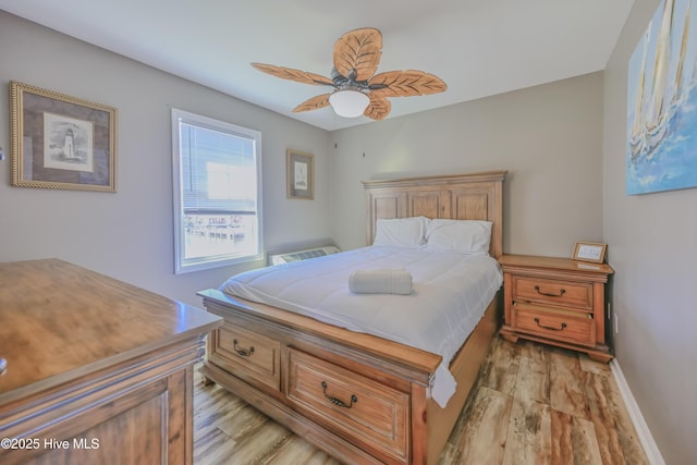 bedroom featuring ceiling fan and light hardwood / wood-style floors