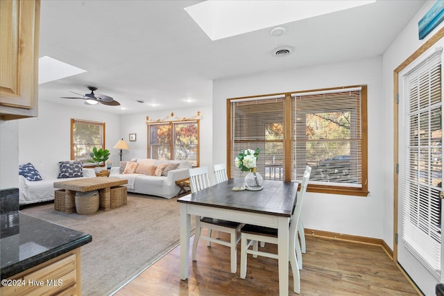 dining room featuring ceiling fan, light hardwood / wood-style floors, and a skylight