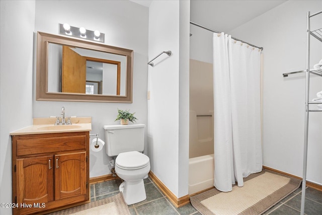 full bathroom with tile patterned flooring, toilet, vanity, and shower / bath combination with curtain