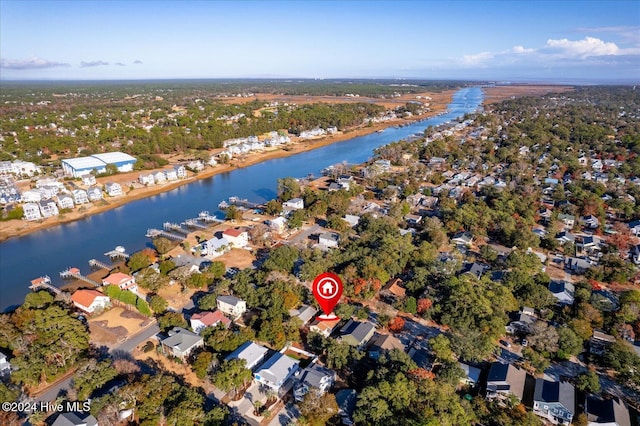 aerial view featuring a water view