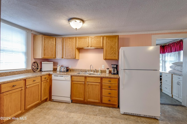 kitchen with a textured ceiling, white appliances, sink, and a wealth of natural light