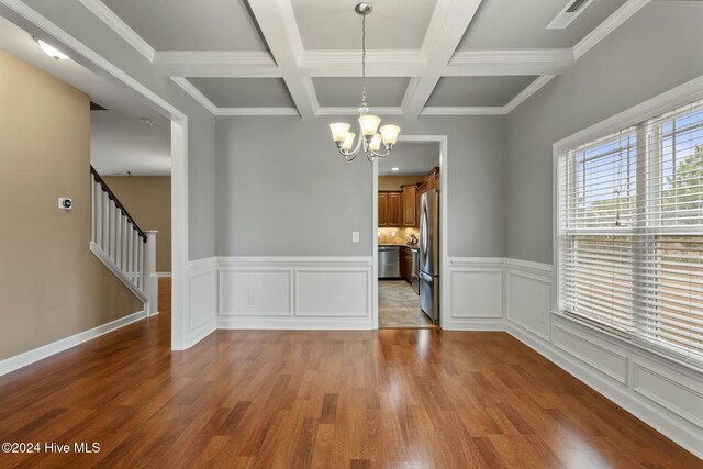 empty room featuring dark hardwood / wood-style flooring, beam ceiling, ornamental molding, and coffered ceiling