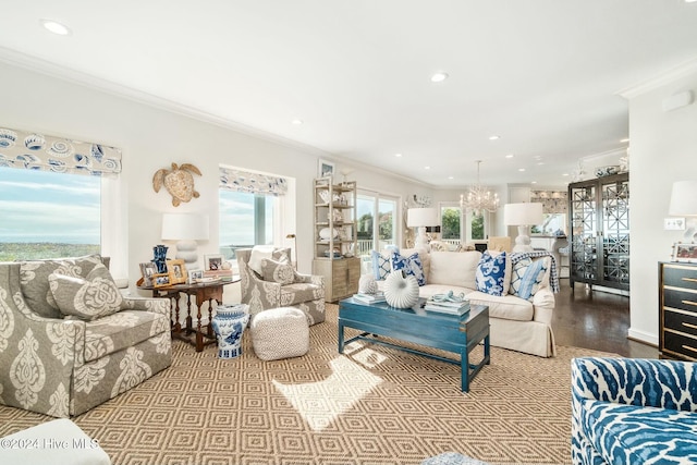 living room with hardwood / wood-style floors and crown molding