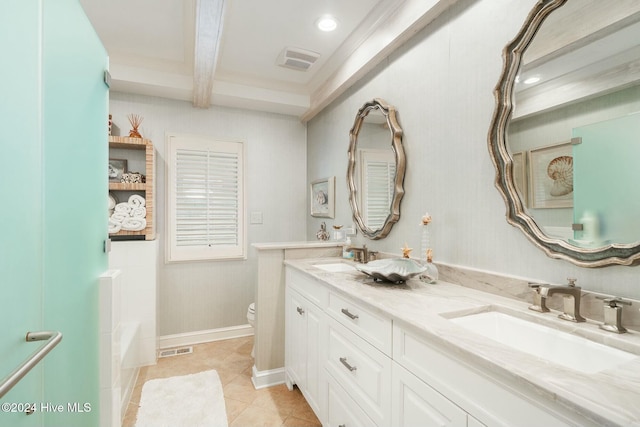 full bathroom featuring beam ceiling, tile patterned flooring, bathing tub / shower combination, toilet, and vanity