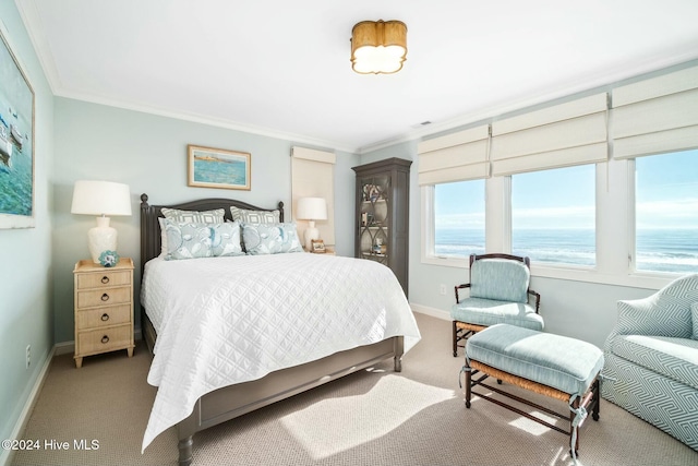 carpeted bedroom featuring a water view and ornamental molding