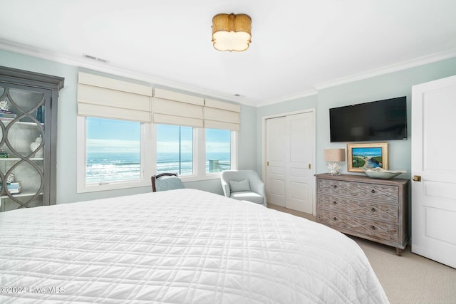 carpeted bedroom featuring crown molding and a closet