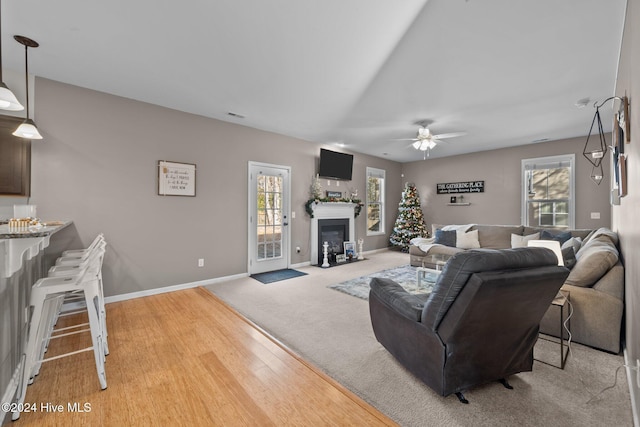 living room with ceiling fan, plenty of natural light, and light hardwood / wood-style floors