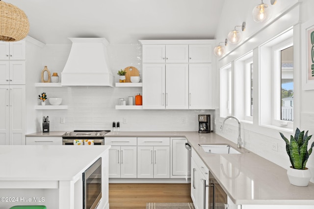 kitchen featuring appliances with stainless steel finishes, custom range hood, sink, light hardwood / wood-style flooring, and white cabinets