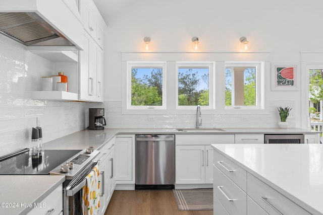 kitchen with premium range hood, dark wood-type flooring, white cabinets, sink, and appliances with stainless steel finishes