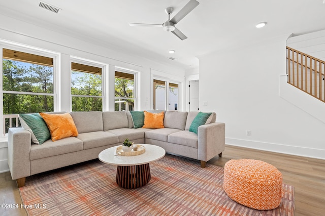 living room with wood-type flooring and ceiling fan