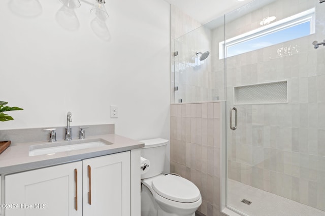 bathroom with vanity, toilet, and a shower with shower door