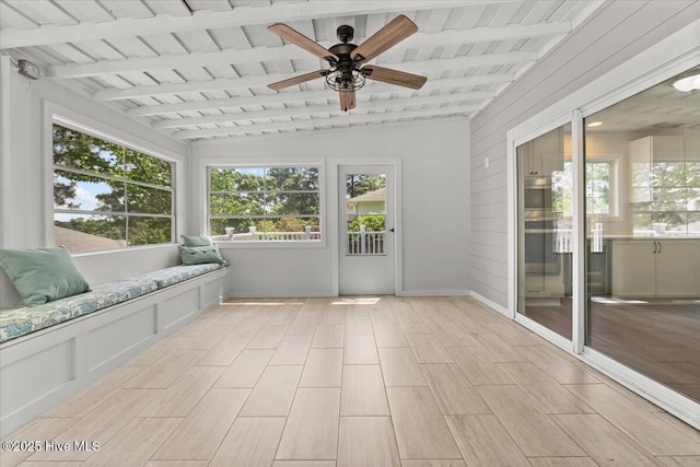 4 Emerald Ln, Pinehurst, NC 28374 - unfurnished sunroom with ceiling fan, wood finished floors, wood ceiling, wood walls, and beamed ceiling