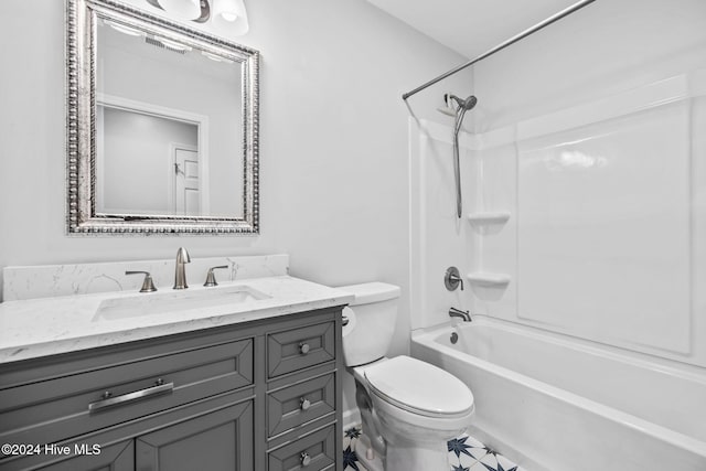 full bathroom with vanity, bathtub / shower combination, and toilet