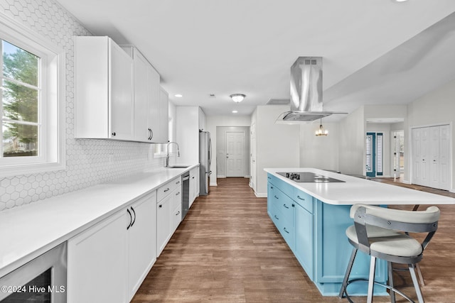 kitchen with sink, white cabinetry, hanging light fixtures, stainless steel appliances, and island range hood