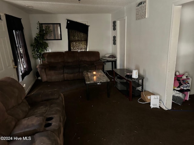 living room featuring a textured ceiling