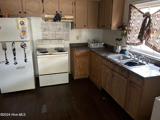 kitchen featuring dark hardwood / wood-style floors, sink, exhaust hood, and white appliances