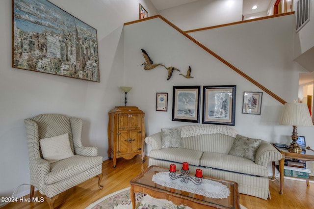 living room featuring a towering ceiling and light hardwood / wood-style flooring