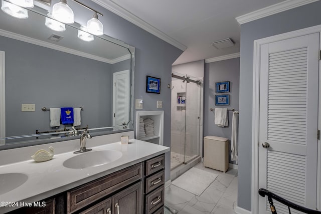 bathroom featuring walk in shower, vanity, and crown molding