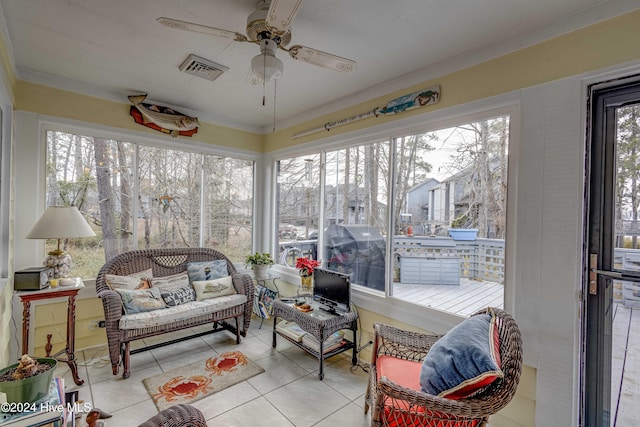 sunroom with visible vents and ceiling fan