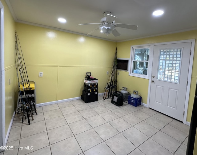 interior space featuring a ceiling fan, recessed lighting, and ornamental molding