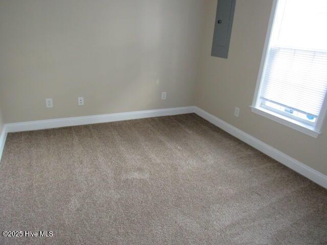 spare room with carpet, electric panel, and baseboards