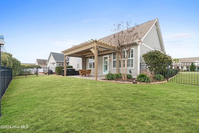 rear view of property featuring a fenced backyard, a pergola, a lawn, and a patio