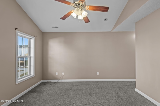 unfurnished room featuring carpet flooring, ceiling fan, and lofted ceiling