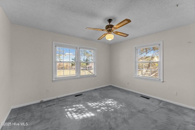 spare room featuring ceiling fan, carpet, and a textured ceiling